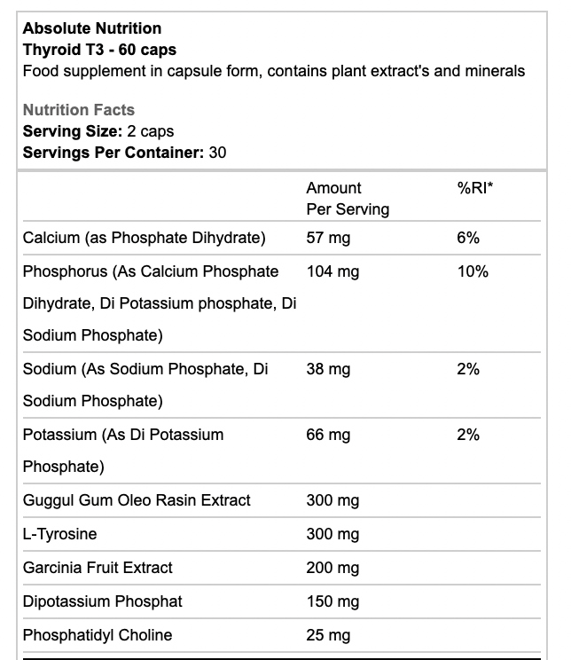 Absolute Nutrition Thyroid T3 180 Caps Uk