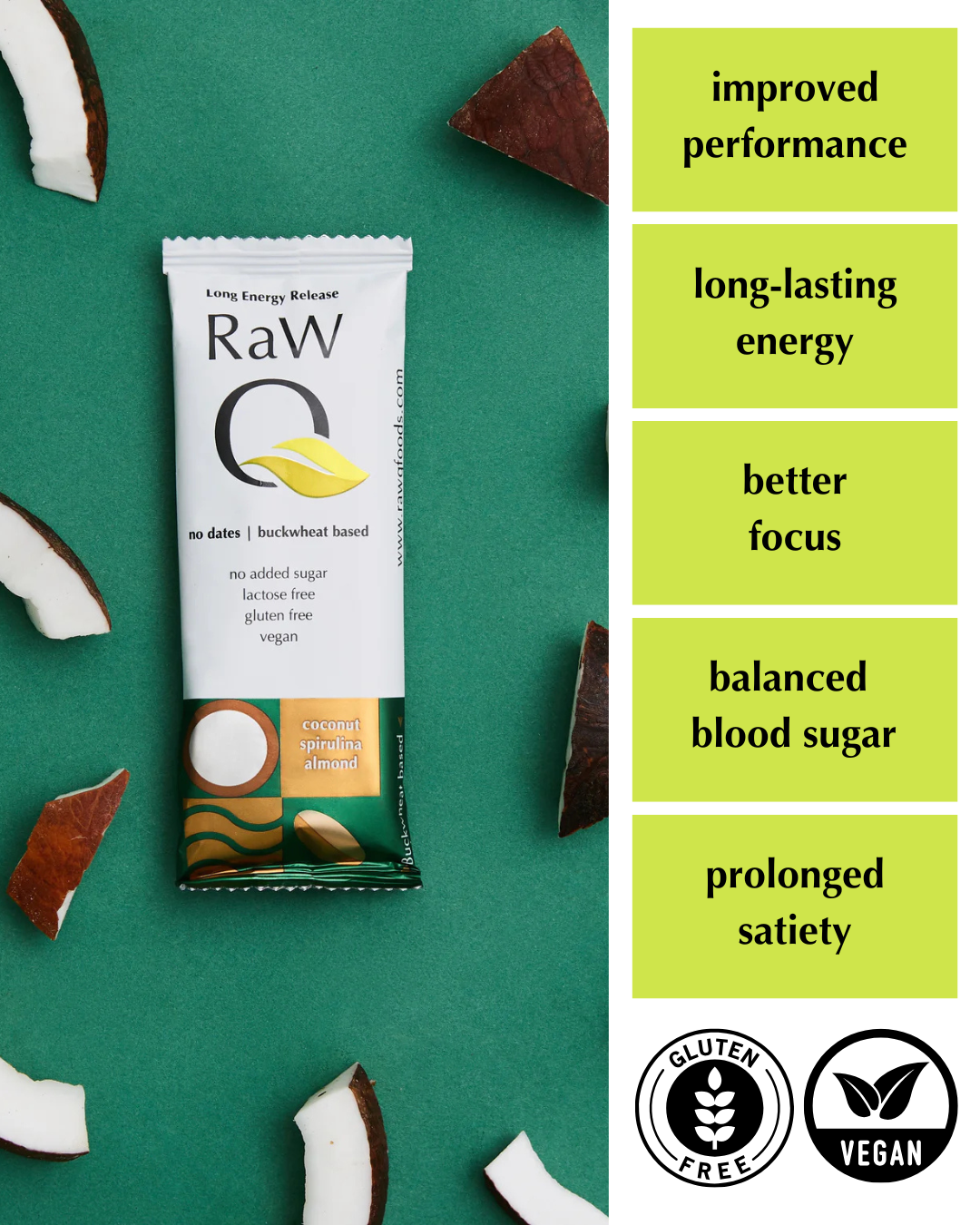Raw Q Vegan Long-Lasting Energy Coconut Spirulina Almond Bar 40g - Short Dated