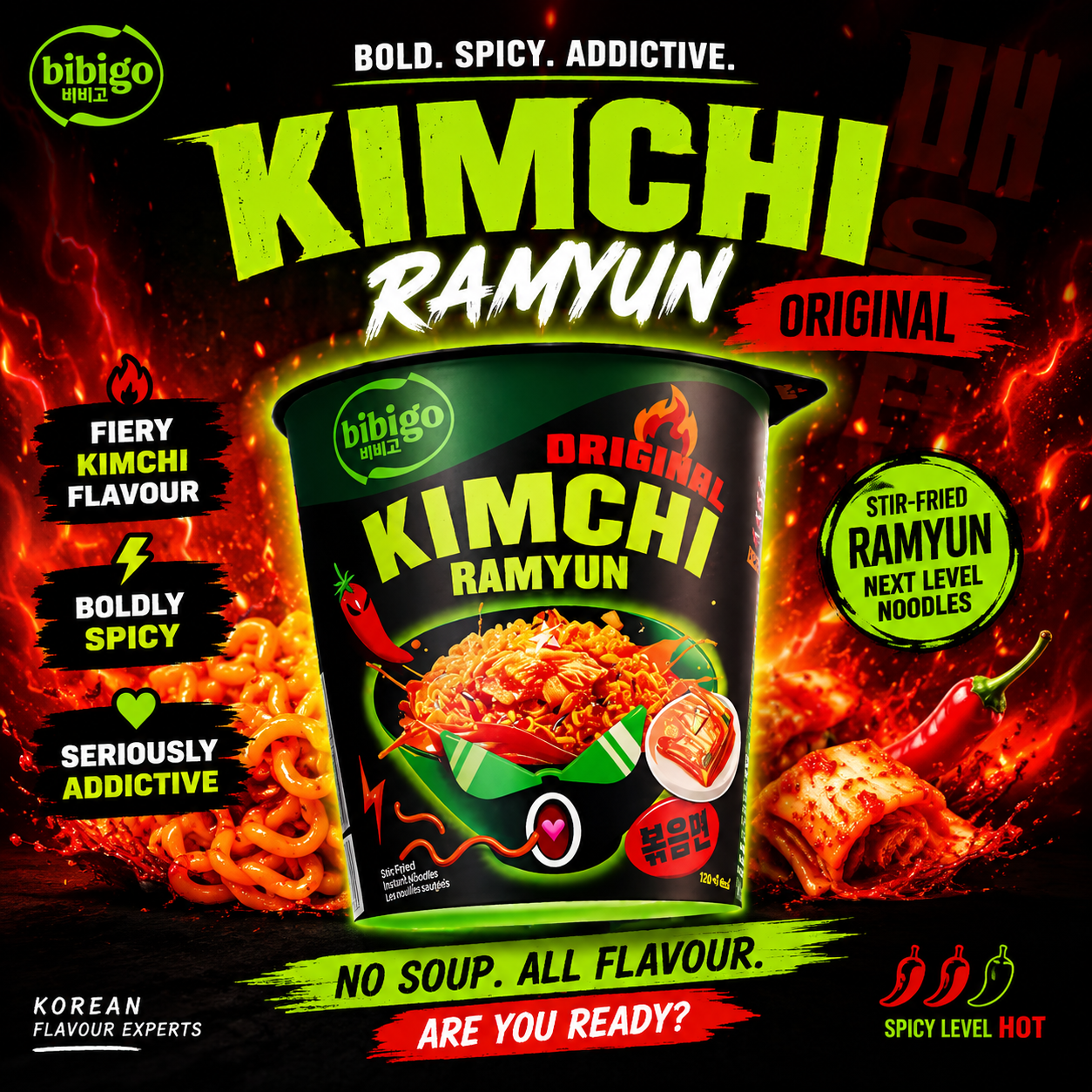 Bibigo Original Kimchi Ramyun Stir-Fried Noodle 8 x 98g - Out of Date