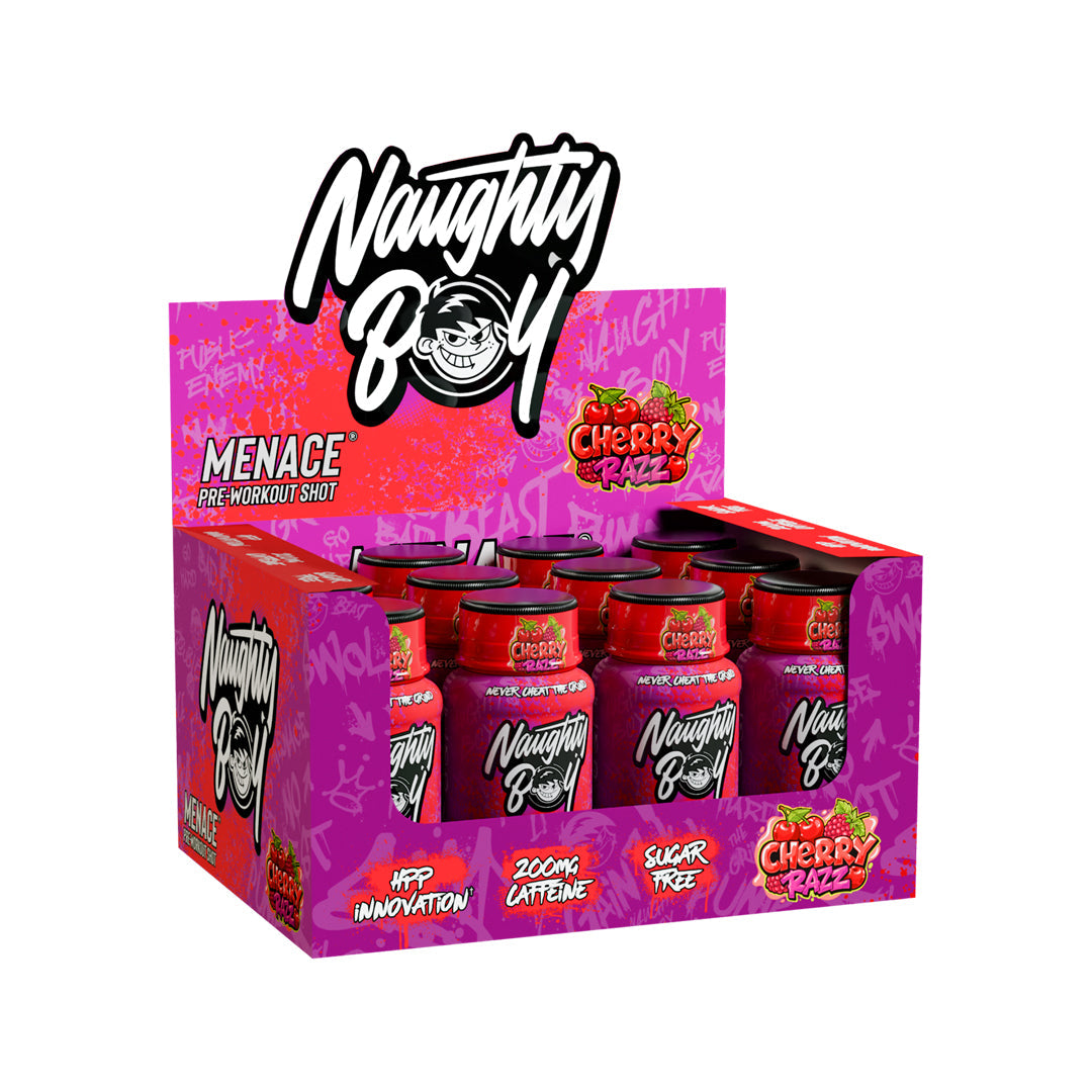 NaughtyBoy Cherry Razz Menace Pre Workout Shots 12 x 60ml - Out of Date