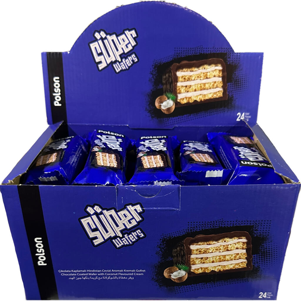 Polson Super Wafters Chocolate Coated Wafer with Coconut Cream 24 Bars - Out of Date