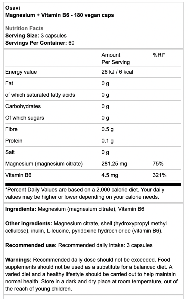 Osavi Magnesium + Vitamin B6 Vegan Caps