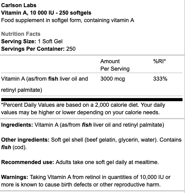 Carlson Labs Vitamin A 10 000 IU 250 Softgels